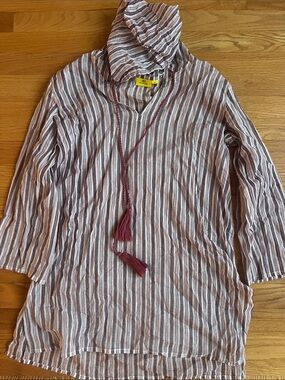 Roller Rabbit Striped Boho Tunic Coverup, Tassel Neck Tie, Hoodie, Black Purple